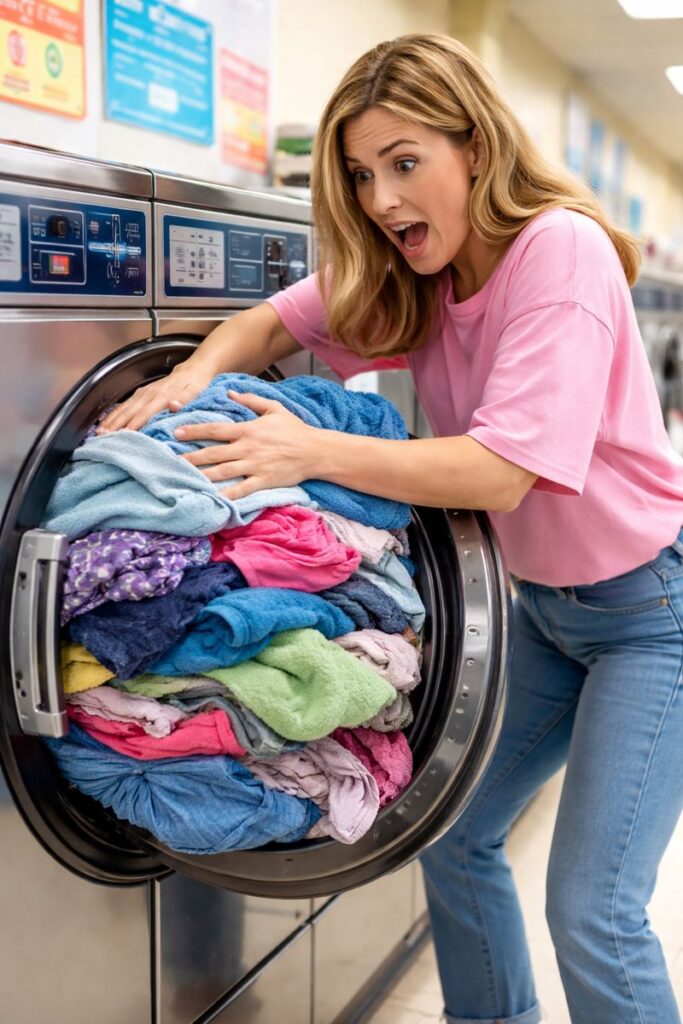 a person is trying to stuff an unrealistic amount of colorful laundry into a washer